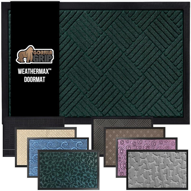 GORILLA GRIP 100% Waterproof All-Season WeatherMAX Doormat US Designed Natural Rubber, Stain and Fade Resistant, Low Profile Indoor Outdoor Door Mats, Easy Clean Patio Mat, 29x17, Green Diamond