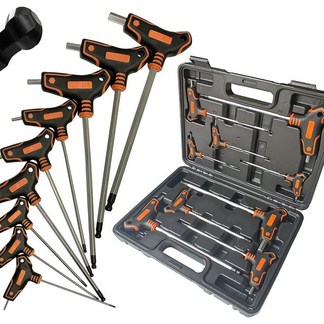 NordWolf 9-Piece T-Handle SAE Allen Wrench Set, S2 Steel Long Arm Ball End Hex Keys, Sizes 5/64" to 3/8" in Storage Box