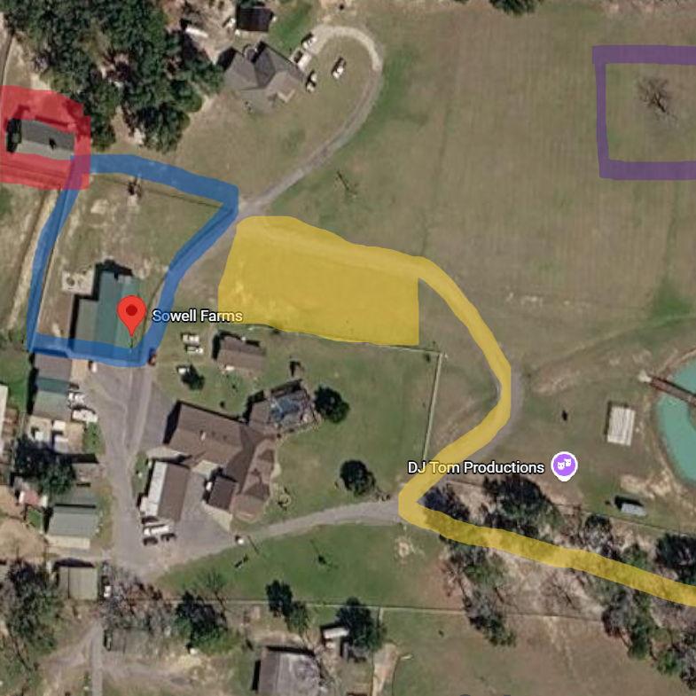 Yellow shows guest driving/parking areas. Purple marks the ceremony, blue marks the reception. If weather is bad, the ceremony will be held in the red highlighted area.