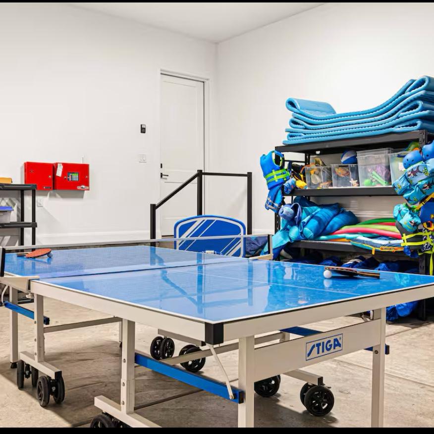 there’s a two-car garage and games!