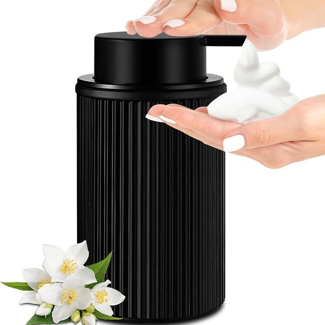 KASUNTING Matte Black Foaming Soap Dispenser, Ribbed Glass Foam Hand Soap Dispenser for Bathroom, 15 Oz Refillable Foaming Pump Bottle with Black Pump, Modern Dish Soap Foam Dispenser with 2 Straws