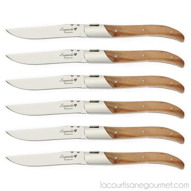 Flyingcolors Laguiole Steak Knife Set. Stainless Steel, Rubber Wood Handles, Gift Box, 6 Pieces