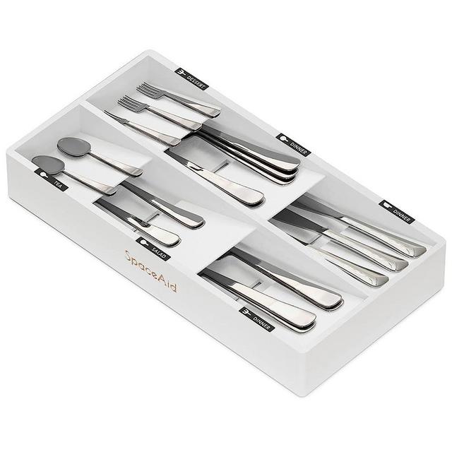 SpaceAid Bamboo Silverware Drawer Organizer with Labels, Kitchen Utensil Tray Holder Organizer for Flatware, Cutlery, Spoon and Knives Drawer Storage Organization (White, 6 Slots)