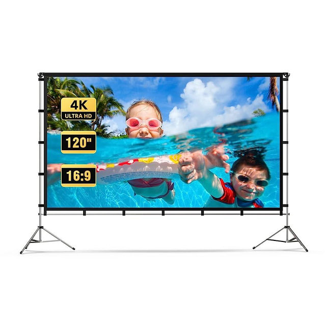 Projector Screen Outdoor, Vamvo Portable Projector Screen with Stand 120 inch Foldable Projector Screen 16:9 4K, 10 Feet Indoor Movie Screen with Carrying Bag for Home Theater Backyard Movie Night