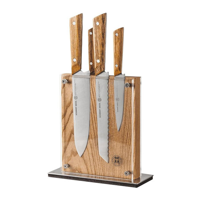 Schmidt Brothers - 5-Piece Natural White Oak Knife Set, High-Carbon Stainless Steel Cutlery with Natural White Oak and Acrylic Magnetic Knife Block