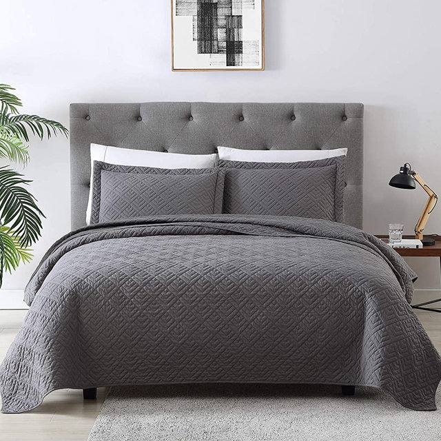 EXQ Home Quilt Set Full Queen Size Grey 3 Piece,Lightweight Microfiber Coverlet Modern Style Squares Pattern Bedspread Set