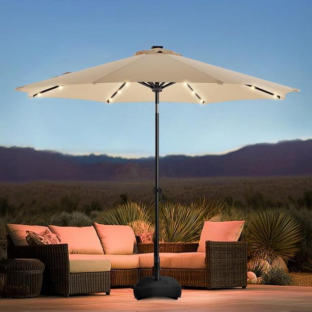 wikiwiki 9FT Solar Led Patio Umbrella with Base, Sturdy Outdoor Market Umbrella for Deck, Pool, Garden w/Tilt, Crank, 32 LED Lights, Beige