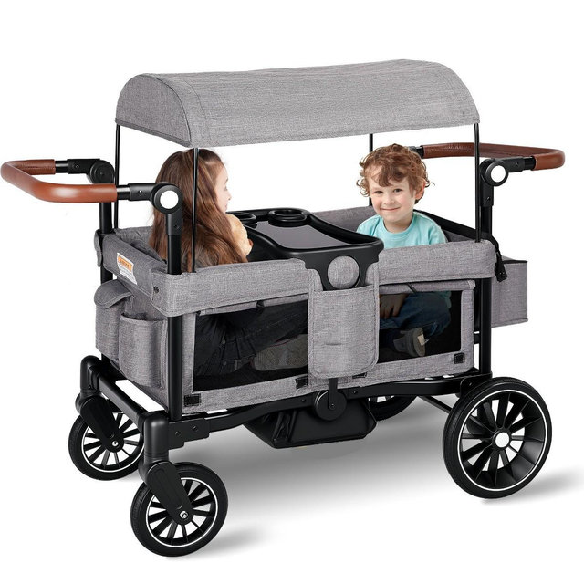 TYBOATLE Folding Wagon Stroller for 2 Kids, Adjustable Handle, All-Terrain Shock-Absorbing Wheel, Detachable Tray, Diaper Bag,Black