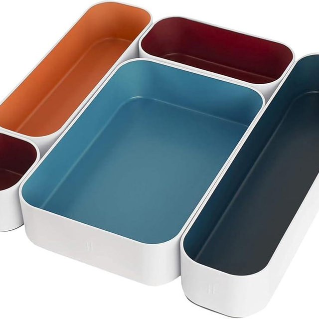 Three by Three Seattle 5 Piece Metal Organizer Tray Set for Storing Makeup, Stationery, Utensils, and More in Office Desk, Kitchen and Bathroom Drawers (2 Inch, Assorted Blue Berry and Sunset)