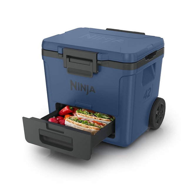 Ninja FrostVault 42qt Wheeled Cooler with Cold Dry Zone | Integrated Fridge-Temp Dry Storage Drawer | Premium Heavy-Duty Insulated Cooler | Keeps Ice Cold for Days | Lakeshore Blue | FB242BL