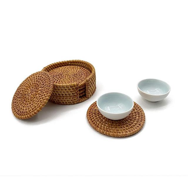 XRzitky Rattan Coasters for Drinks Wooden Table, Farmhouse Coasters Wicker Coasters 3.9in Handwoven Rattan Coasters Set of 6 (Brown with Holder, 3.9 inch)