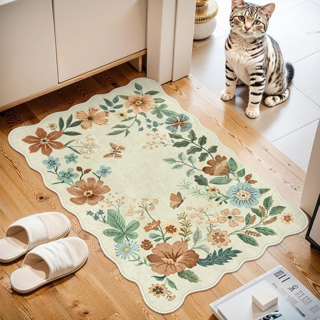 Lahome Floral Small Rug, 2X3 Kitchen Rugs Non Slip Washable Rug Ultra-Thin Soft Rug, Front Door Mat Indoor Entrance Stain Resistant Boho Rug Low-Pile Entry Rug for Bathroom Bedroom(2x3ft,Beige)