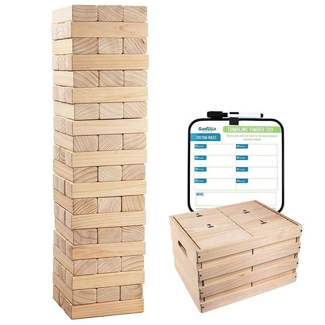 Giant Tumbling Timber Toy - 60 Jumbo Wooden Blocks Floor Game for Kids and Adults, w/ Storage Crate - Premium Pine Wood, Life Size- Grows to Over 5-feet While Playing