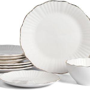 Christian Siriano Zinnia Porcelain Dinnerware Set, 12-Piece Plates and Bowls Set, White and Gold Dish Set for 4, Scalloped Edge, Hand Wash Only