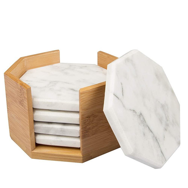 White Carrara Marble Coasters with Bamboo Holder, Set of 5 - Great Gift