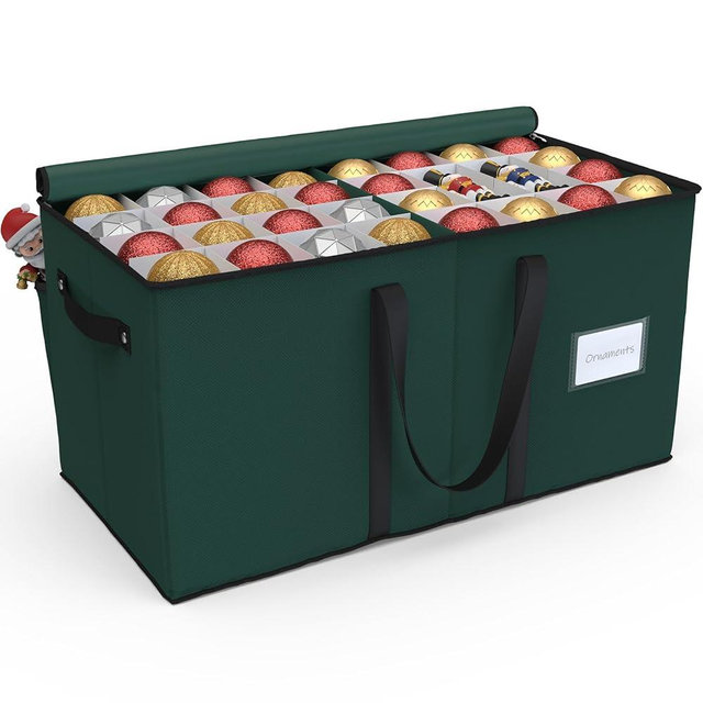 Sunvigor Christmas Ornament Storage Box, Christmas Storage Containers, Fits 128 Ornament Organizer Storage Box with Adjustable Dividers, Dual Zippers, 600D Oxford Christmas Decor Storage(Deep Green)