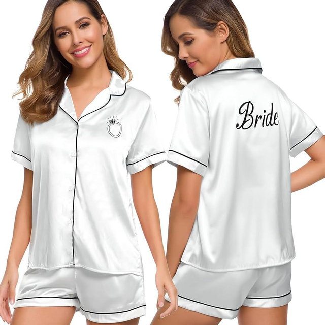 VILOVE Womens Silk Bride Pajamas Set Bridesmaid Button Down 2 Piece Satin Pjs Shorts Set Casual Notch Collar Sleepwear