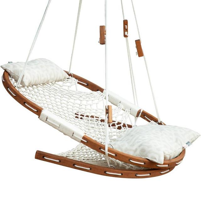 Rope net Lounge Hammock with Wood footrest, Fretwork Pewter, Hanging Chair Swing with Cushions, Indoor Outdoor Porch Hammock