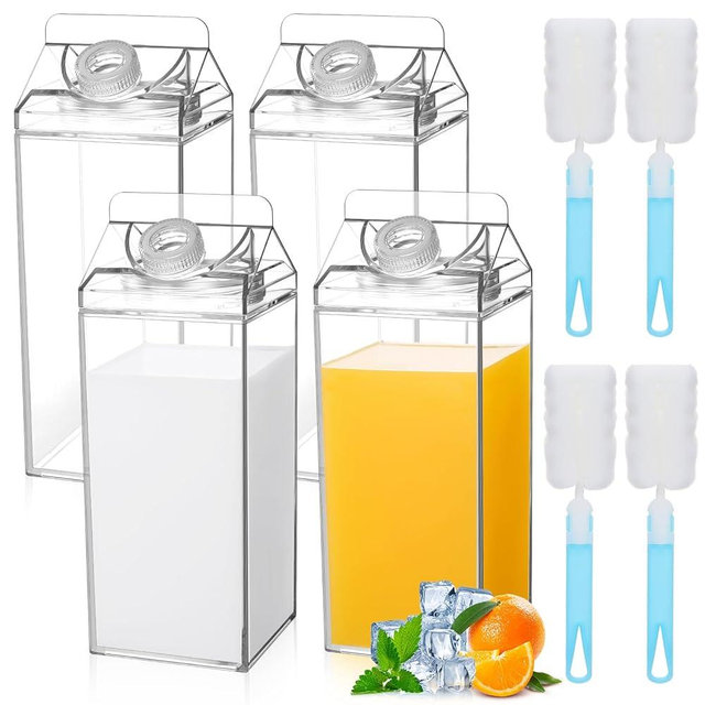 Yiyiring 4 Pack 64 oz Large Milk Carton Water Bottle with Cleaning Brush Clear Plastic Milk Bottle Portable Leakproof Juice Container Reusable for Refrigerator for Outdoor Climbing Tour or Camping