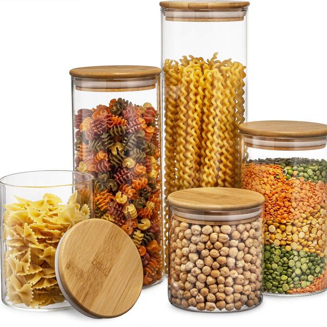 Cookie Jars Set of 5, Glass Kitchen Canisters with Airtight Bamboo Lid, Glass Storage Jars for Kitchen Bathroom Pantry Organization Ideal for Flour, Sugar, Coffee Canister, Candy, Pasta, Rice More