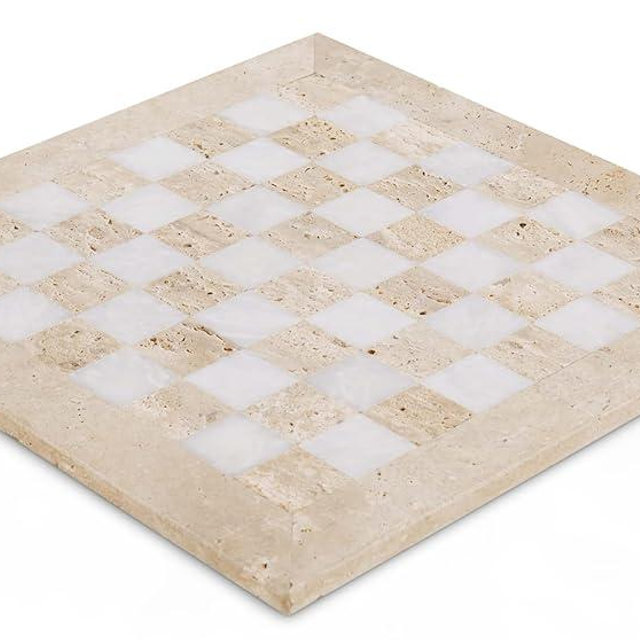 SPESHSTONES Marble Chess Board 15 Inch Handmade Travertine and White Stone Luxury Board Games for Adults & Family - Ideal Marble Chess Board for Travel, Tabletop Play & Home Decor