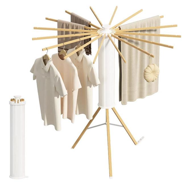Tripod Clothes Drying Rack, Portable and Foldable Space Saving Drying Rack,16 Expandable Rods,Wooden, Collapsible Drying Rack for Camping, Balcony, Bedroom and Laundry Room