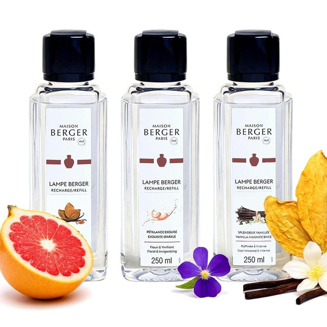 Maison Berger Lampe Fragrance Trio Rosalie - 3×250ml Premium Scented Refills (Amber Tobacco, Exquisite Sparkle, Vanilla Magnificence) for Home Diffuser Use - Crafted in France - Elegant Gift Set