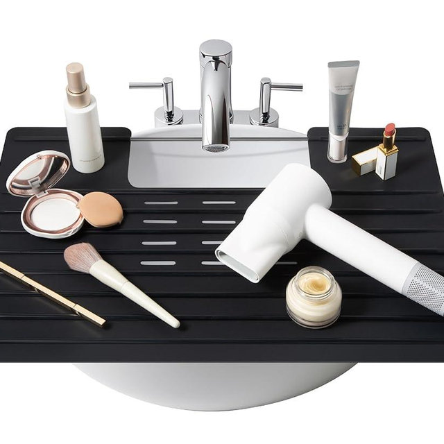 Bathroom Foldable Sink Cover for Counter Space - Sink Topper - Heat Resistant Silicone Mat & Over Sink Makeup Mat - Small Bathroom Space Creation - Bathroom Space Saver Sink Cover for Makeup (Black)