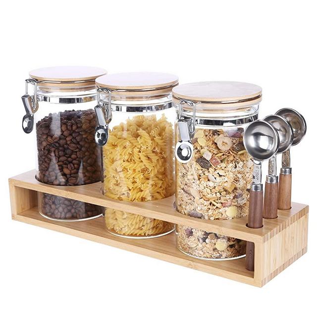 KKC Glass Coffee Beans Storage Jar Canisters for Coffee Bar Organization,Sealed Glass Containers with Spoons for Ground Coffee,Brown Sugar,Loose Tea,Oatmeal,Airtight Glass Container Hinged Lid
