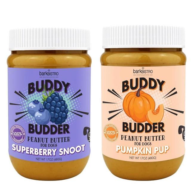 BUDDY BUDDER Bark Bistro Company, Superberry Snoot + Pumpkin Pup, Dog Peanut Butter, Healthy Dog Treats, Peanut Butter Dog Treats, Stuff in Toy, Dog Enrichment- Made in USA (Set of 2 / 17oz Jars)
