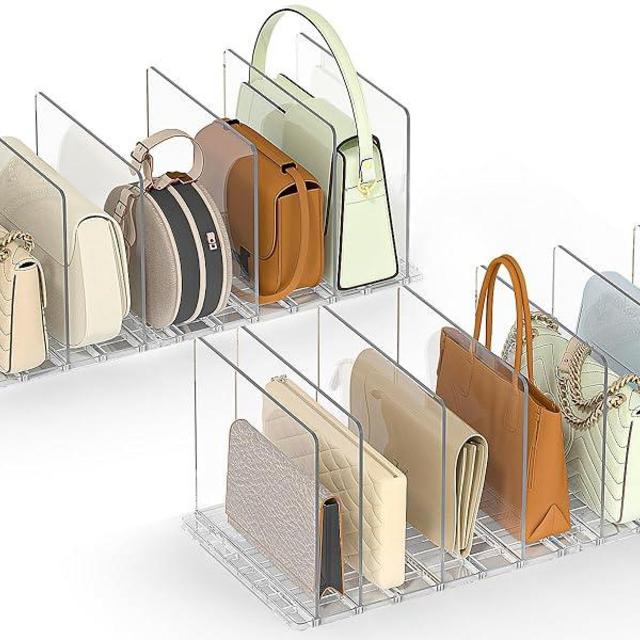 SortNStore Bag & Purse Organizer for Closet: 4 Sets Adjustable Clear Handbag Storage Shelf - Plastic Clutch Dividers for Closet Organizers and Storage - Keep Carteras & Pocketbook Upright