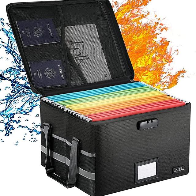 Upgraded File Box with Lock, Fireproof Document Box File Cabinet File Organizer Box with Water-Resistant Zipper & Adjustable Handle, Collapsible Filing Cabinet for Hanging Letter/Legal Folder (Black)