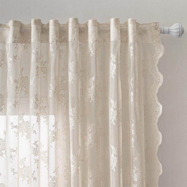 MEETSKY Beige Lace Curtains 63 Inch Length 2 Panels Set Vintage Victorian French Elegant Boho Scalloped Light Filtering Girls Room Drapes with Back Tab Rod Pocket, 50" Wide Each Panel, Oatmeal