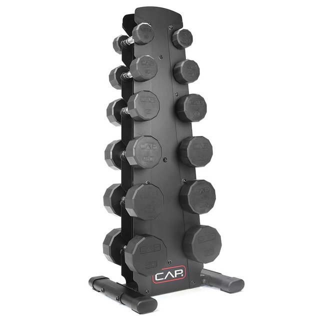 CAP Rubber Coated Hex Dumbbell Set with Storage Rack | 100–210 lb Options, Space-Saving Vertical Compact Storage for Home Gym Strength Training