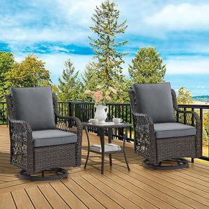 Qeetex 3 Piece Outdoor Patio Set Wicker Rocking Bistro Set with 2 Swivel Chairs and Tempered Glass Top Table Rattan Outdoor Furniture with Cushions for Patio Porch Backyard