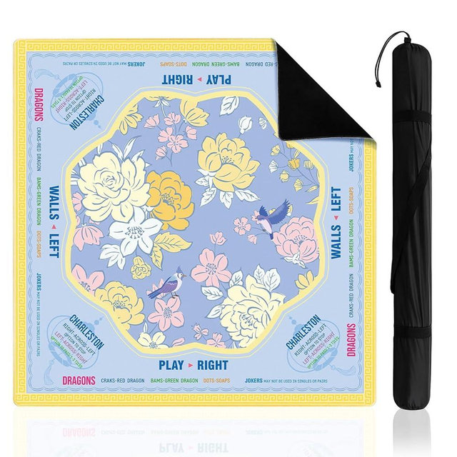 Soulchen Blue and Yellow American Mahjong Mat with Rules for Table, No Creases, Ships Rolled, 31.5 x 31.5 Non-Slip Noise Reduction Gaming Mat with Carrying Bag for Poker Card Board Games Dominoes