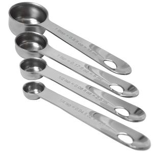 Premium Metal Measuring Spoons Set, Long Handles, 4 Piece Durable Stainless Steel, For Dry and Liquid Ingredients, Rust Proof - Engraved Measurements, by KUFL (Kitchen Utensils For Life)