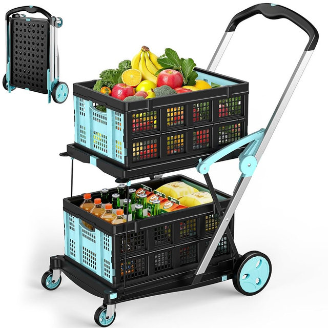 Collapsible Shopping Cart with Wheels, 200 lbs Foldable Shopping Cart with 2 Storage Crate, Multi Use Functional Grocery Cart with Foot Brake for Groceries/Office/Warehouse/Supermarket, Blue
