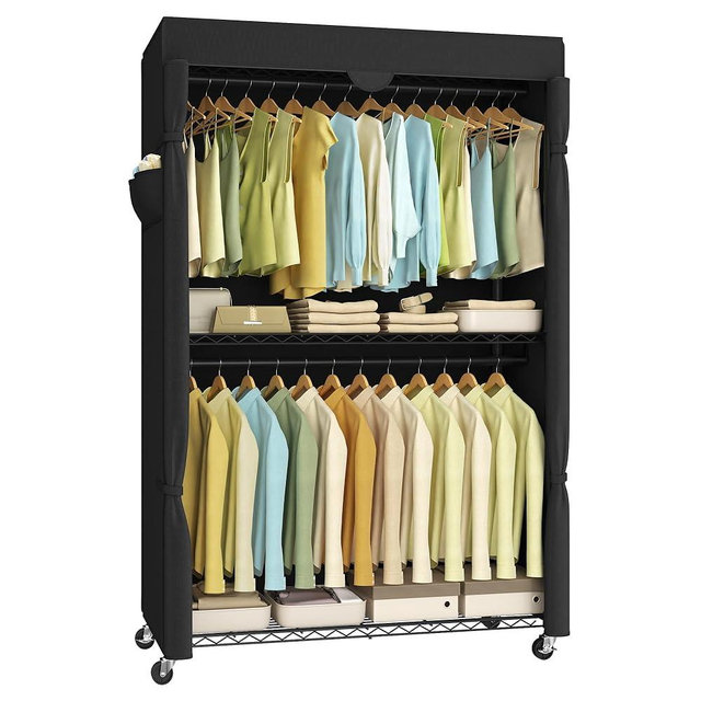 SONGMICS Heavy-Duty Rolling Clothes Rack, Garment Rack, Portable Closet, 43.3-Inch Wide Clothing Rack on Wheels, with Adjustable Mesh Shelves and Hanging Rails, Fabric Cover, Ink Black ULGR415B01