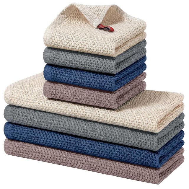Homaxy 100% Cotton Kitchen Towels and Dishcloths Set, 12 x 12 Inches and 13 x 28 Inches, Set of 8 Bulk Kitchen Towels Set, Ultra Soft Absorbent Dish Cloths for Washing Dishes, Grey/Beige/Blue/Brown
