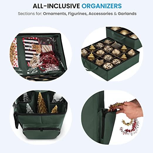 Super Rigid 2-in-1 Christmas Ornament Storage Box & Xmas Figurine Container - Easy Access Removable Trays, Keeps 73 Holiday Ornaments - Adjustable Extent Area for Figurines and Pockets for Decoration
