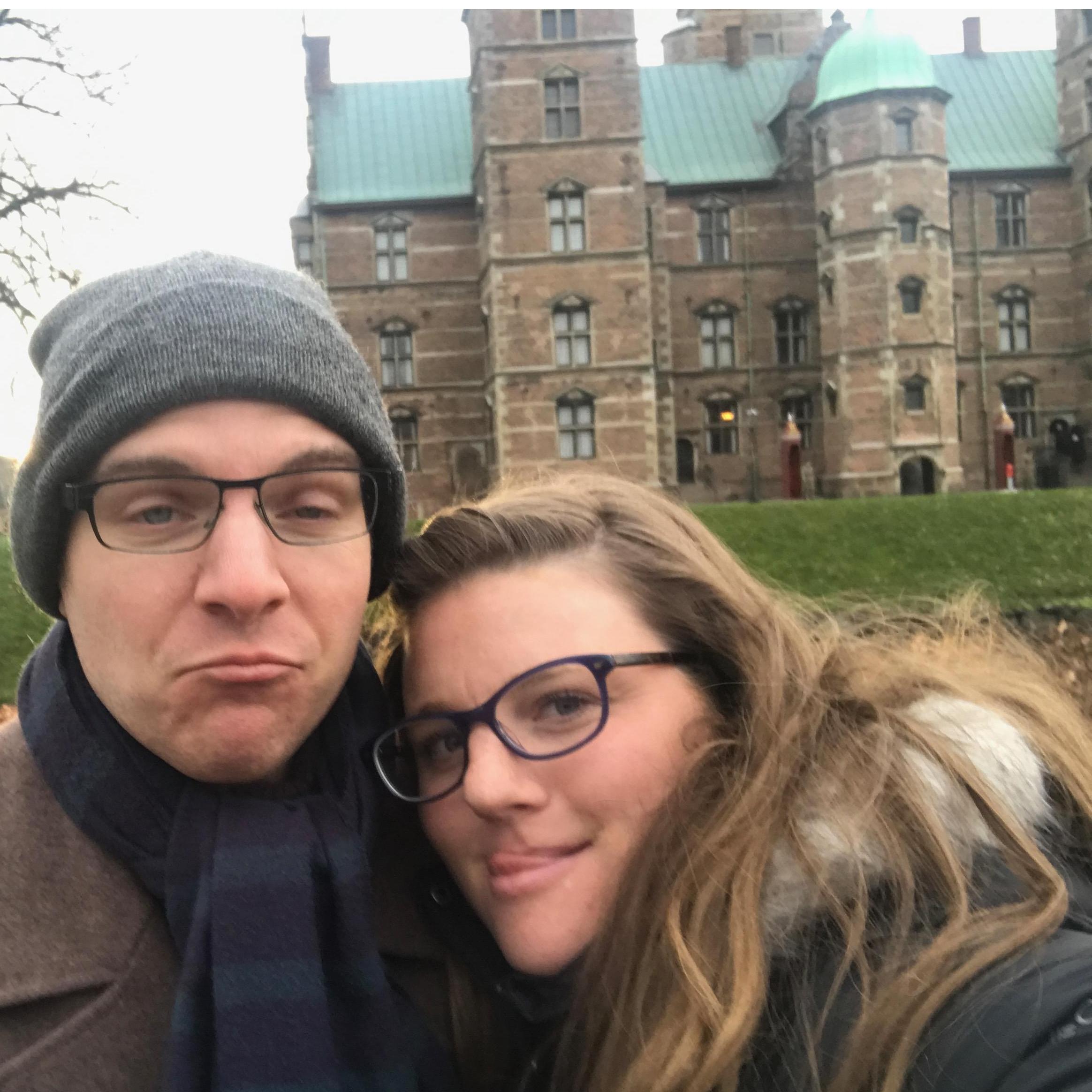 Silly faces in front of a Danish castle