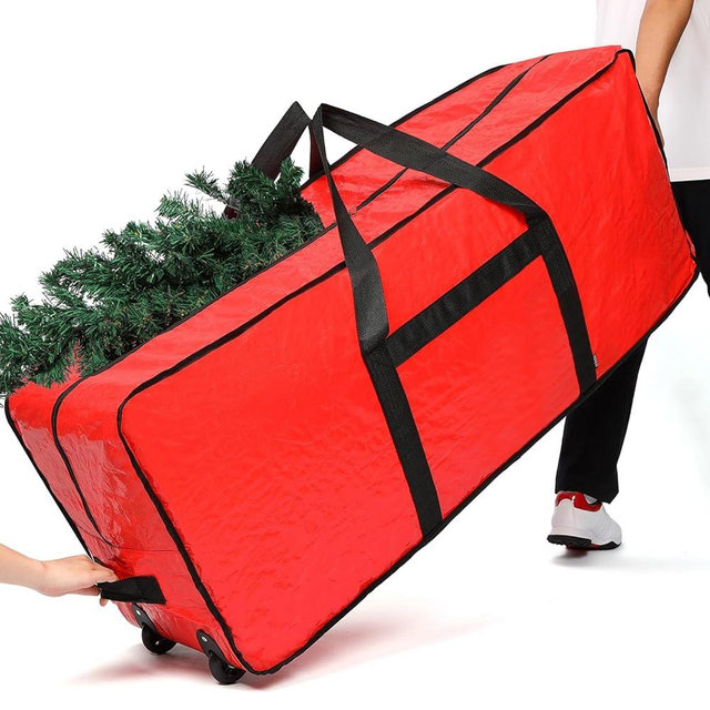 HOMEST Christmas Tree Storage Bag for 9 ft Artificial Trees, Max Part Length 60", Zippered Xmas Box with Reinforced Handles & Wheels, Red (Container Only)
