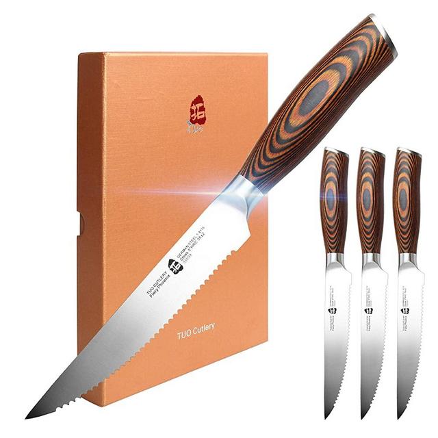TUO 4-PCS Steak Knife Set, 5-Inch Serrated Steak Knives, German X50CrMoV15 Stainless Steel, Full Tang Ergonomic Pakkawood Handle, Razor Sharp Stain Rust Resistant, Fiery Series, Gift Box Included