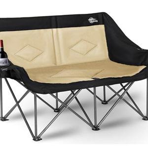 Bolosy Double Camping Chair Loveseat Camping Chair Double Folding Chair Camp Chairs for Adults Heavy Duty Two Person Camp Chair Padded Camping Couch 2 Person Lawn Chairs - Support 650 lbs - Khaki