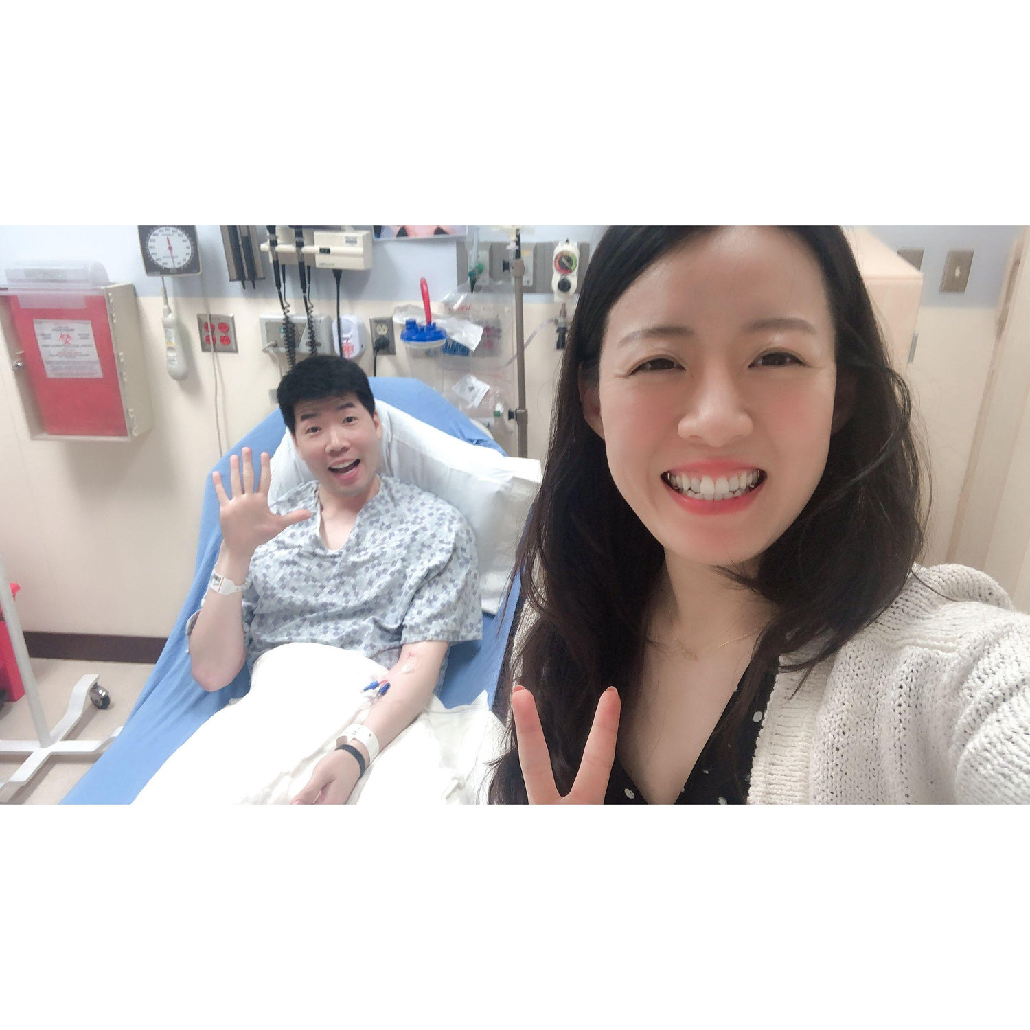 Shawn was waiting for appendectomy surgery. We decided to laugh and took a photo. You can see our positive attitude lol (surgery went well, as you can see him now;)