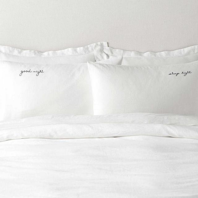 Goodnight, SleepTight Embroidered Belgian Flax Linen Pillowcase Set, Standard S/2, White/Ebony