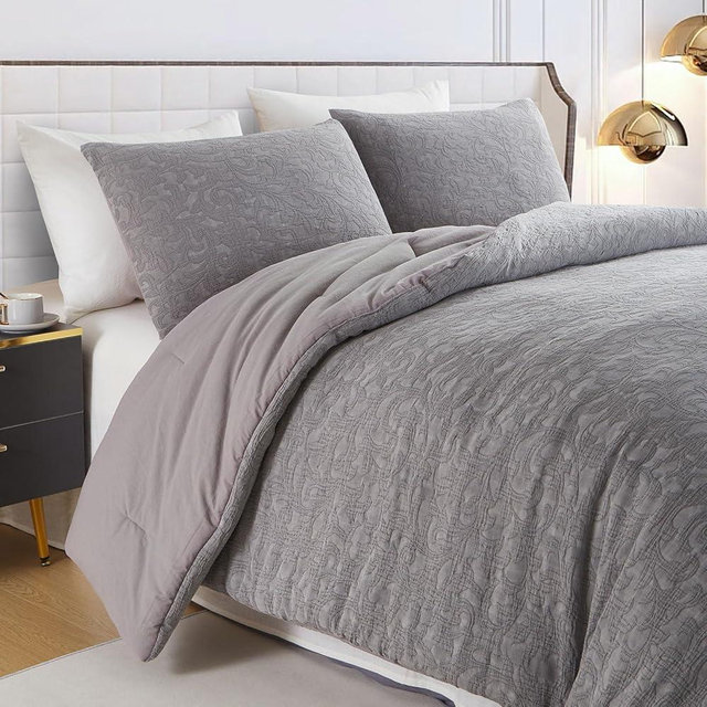 softpage Cotton Comforter for Queen Size Bed, Grey Comforter Queen Size, Vintage Farmhouse Bedding Stone Washed, Jacquard Bedding Set 3 Pieces (1 Comforter, 2 Pillowshams)