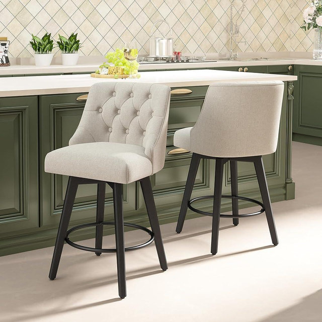 Erdoru Swivel Counter Height Bar Stools with Back, 26" H Seat Height Upholstered Fabric Counter Stools for Kitchen Island, Set of 2, Fabric in Flax Beige