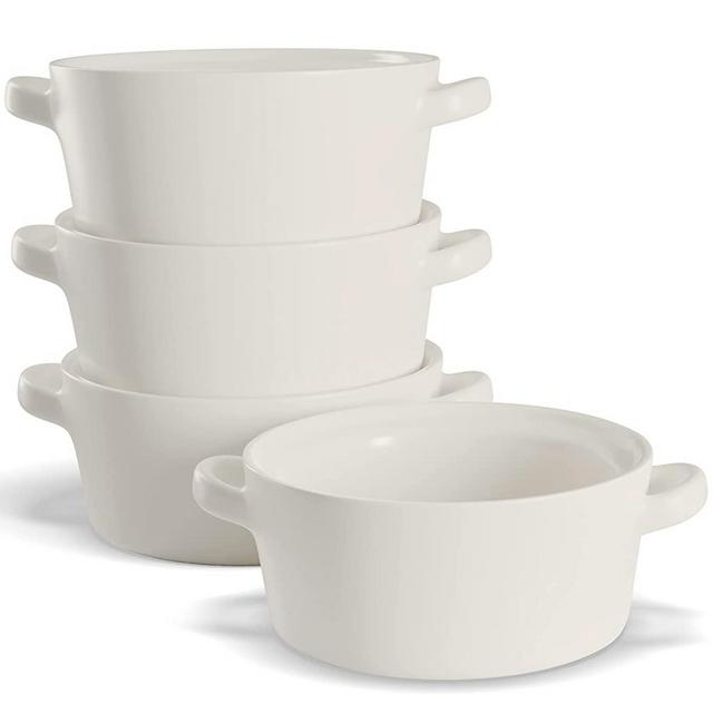 KooK Soup Crocks, Ceramic Stackable Bowls, Broil, Oven, Microwave and Dishwasher Safe, with Handles, For Casserole, Pasta, Cereal, 23.6 oz, Set of 4 (Matte White)